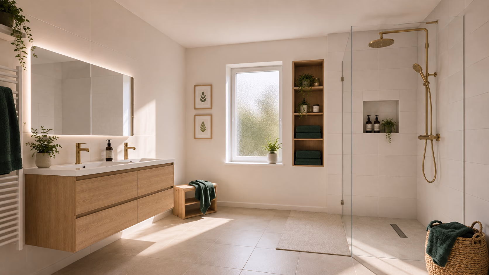 Salle de bain rénovée à Toulouse — douche italienne, meuble vasque chêne et carrelage grand format