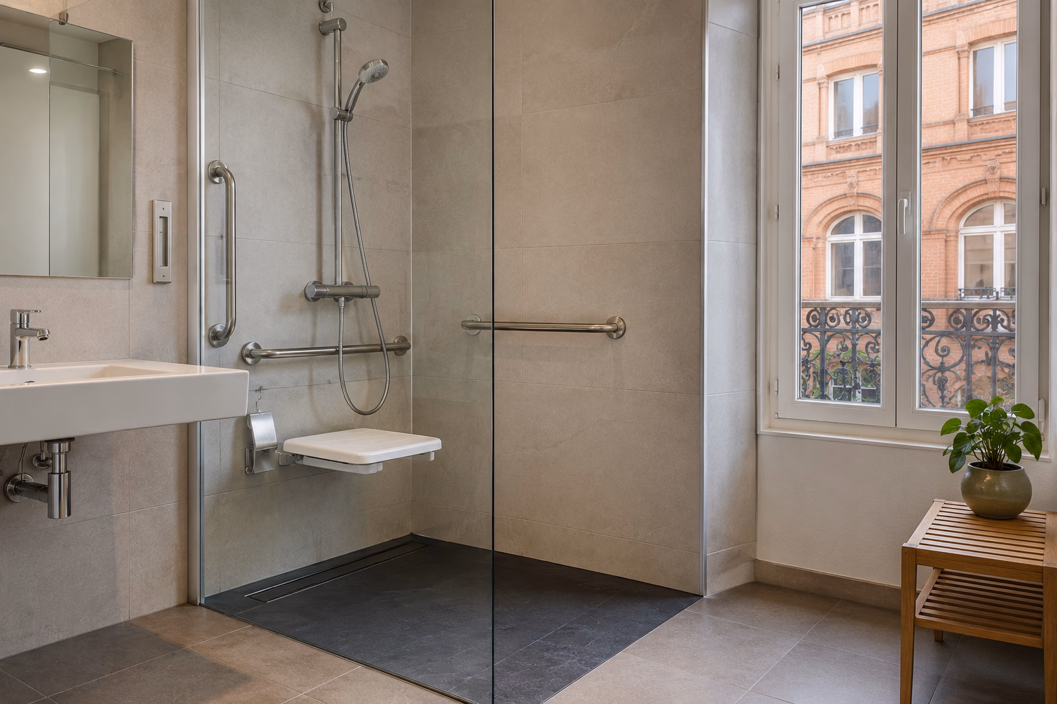 Salle de bain rénovée aux normes PMR avec douche à l&#39;italienne plain-pied, barre d&#39;appui inox et siège rabattable dans un logement toulousain en brique rose