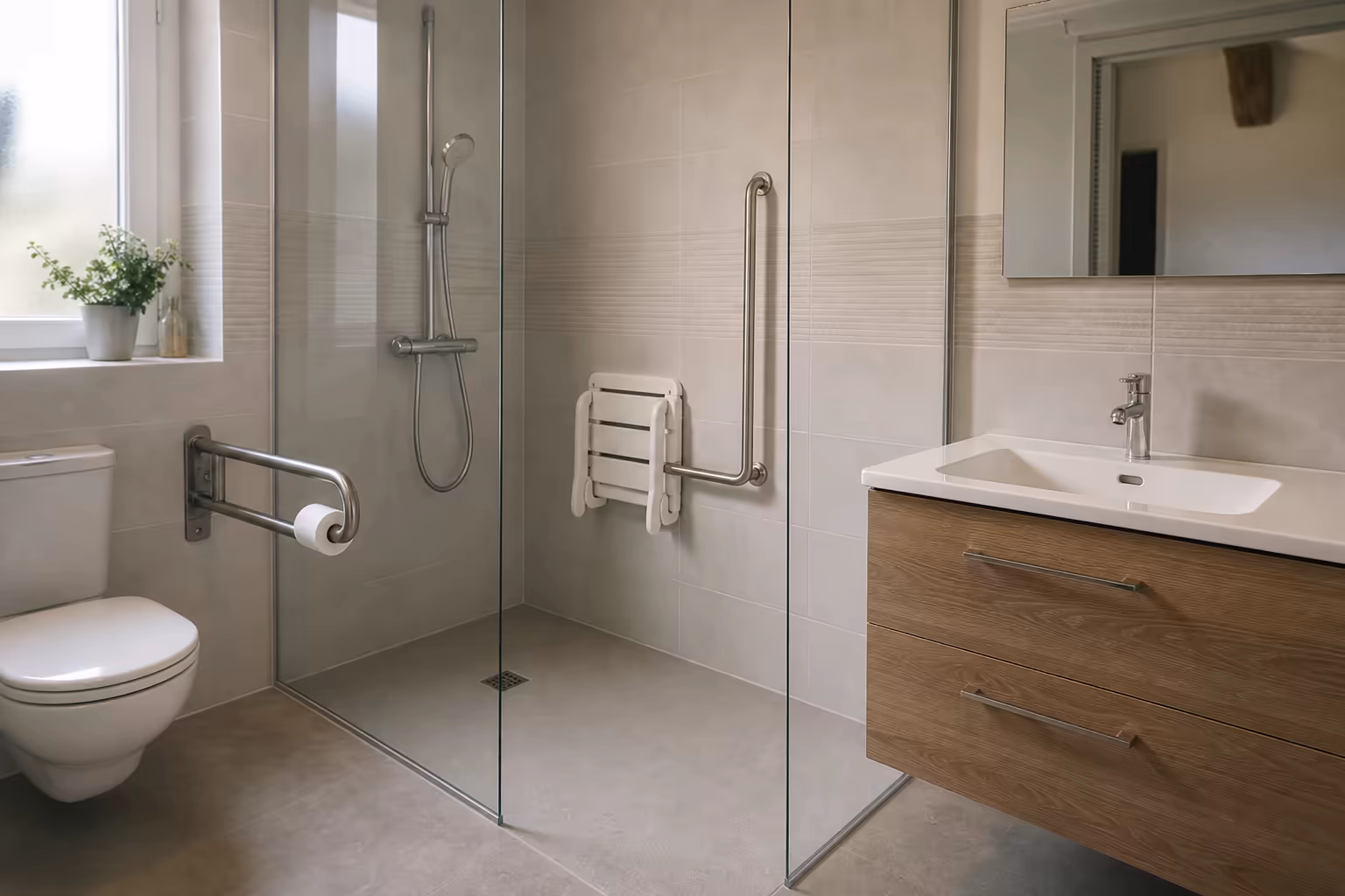 Salle de bains PMR rénovée à Montréjeau avec douche à l&#39;italienne plain-pied, barre d&#39;appui inox, siège rabattable et sol antidérapant gris clair