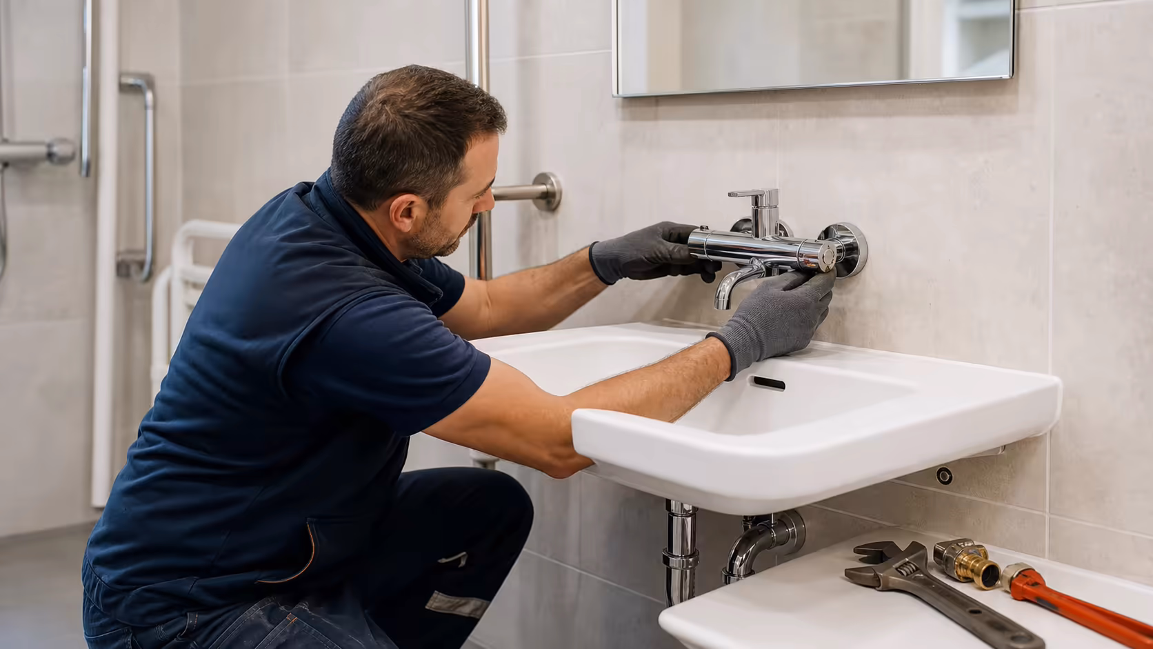 Plombier en intervention installant un mitigeur thermostatique sur un lavabo PMR suspendu, mains gantées, outils visibles sur le rebord
