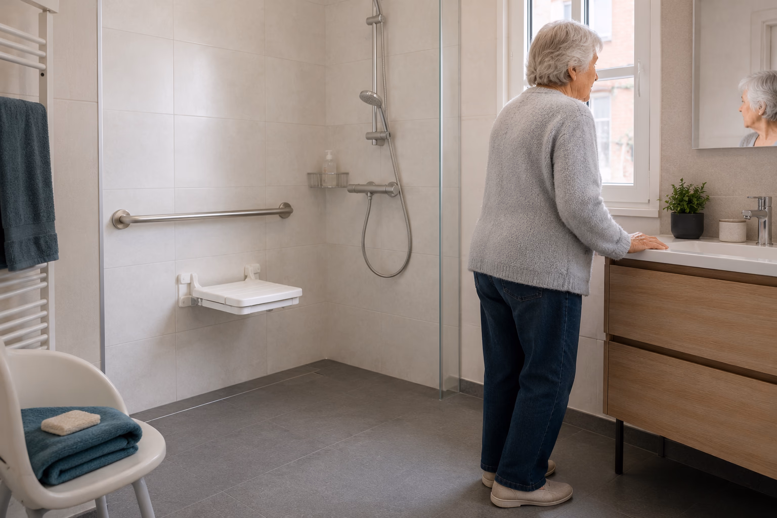 Salle de bain de personne âgée rénovée à Toulouse avec douche à l&#39;italienne plain-pied, barre d&#39;appui inox et siège de douche rabattable, sol antidérapant gris