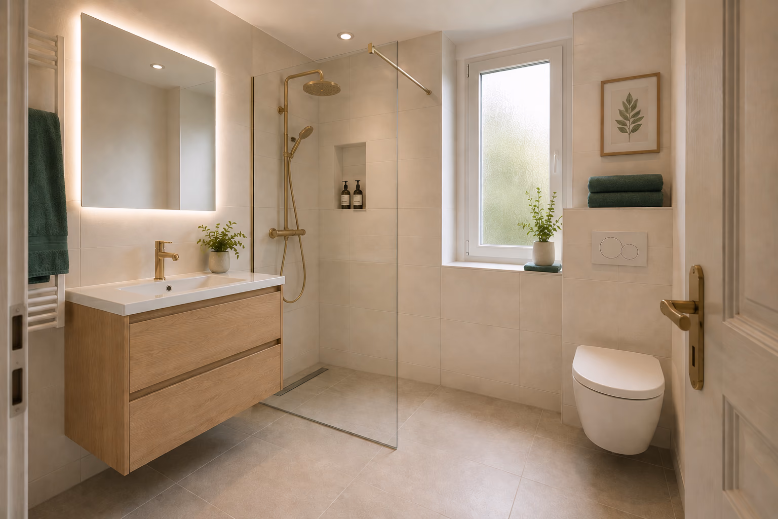 Salle de bain 6m² rénovée en gamme Confort à Toulouse Saint-Cyprien — douche italienne, meuble vasque chêne, carrelage grand format