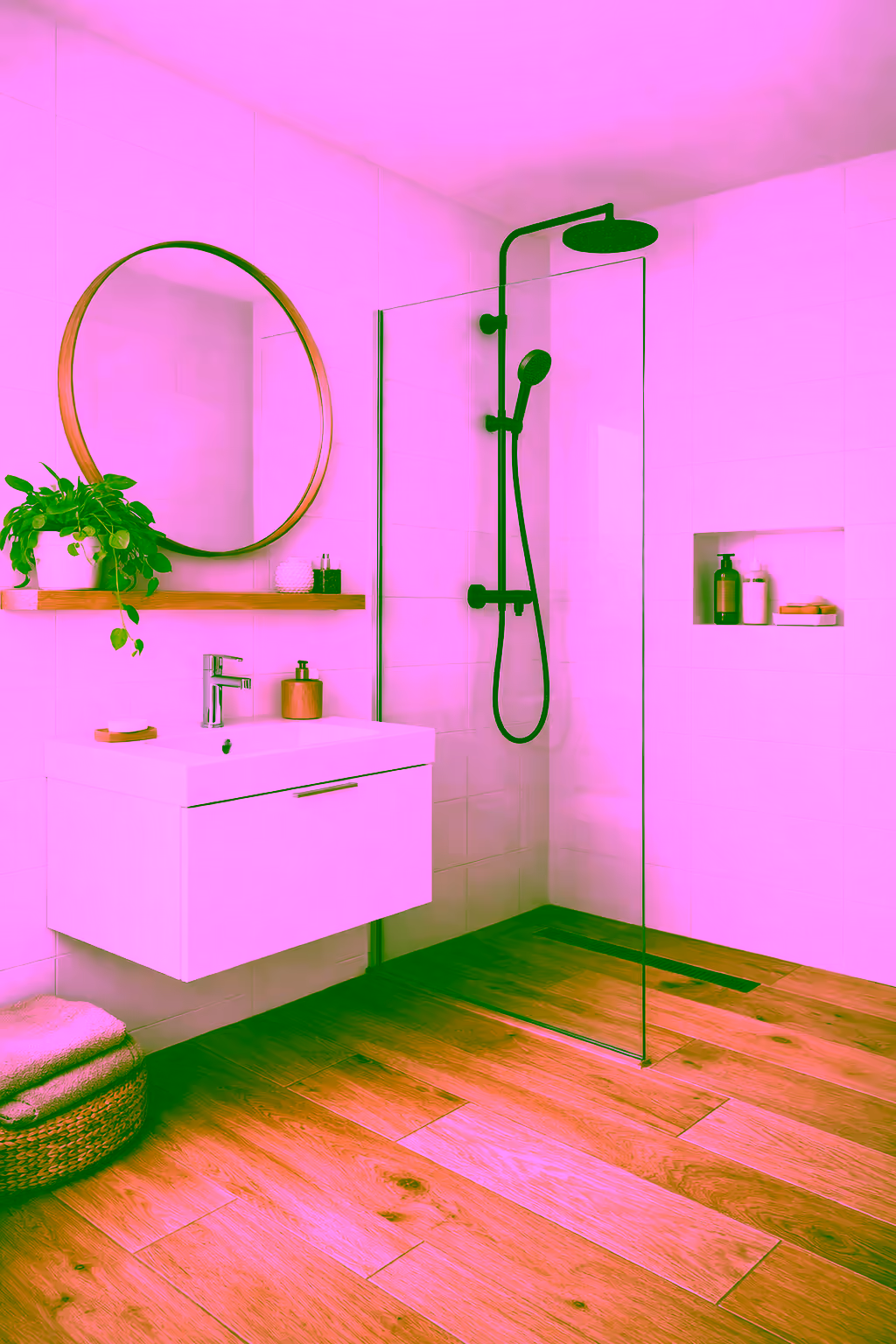 Petite salle de bain claire avec carrelage imitation bois et douche walk-in