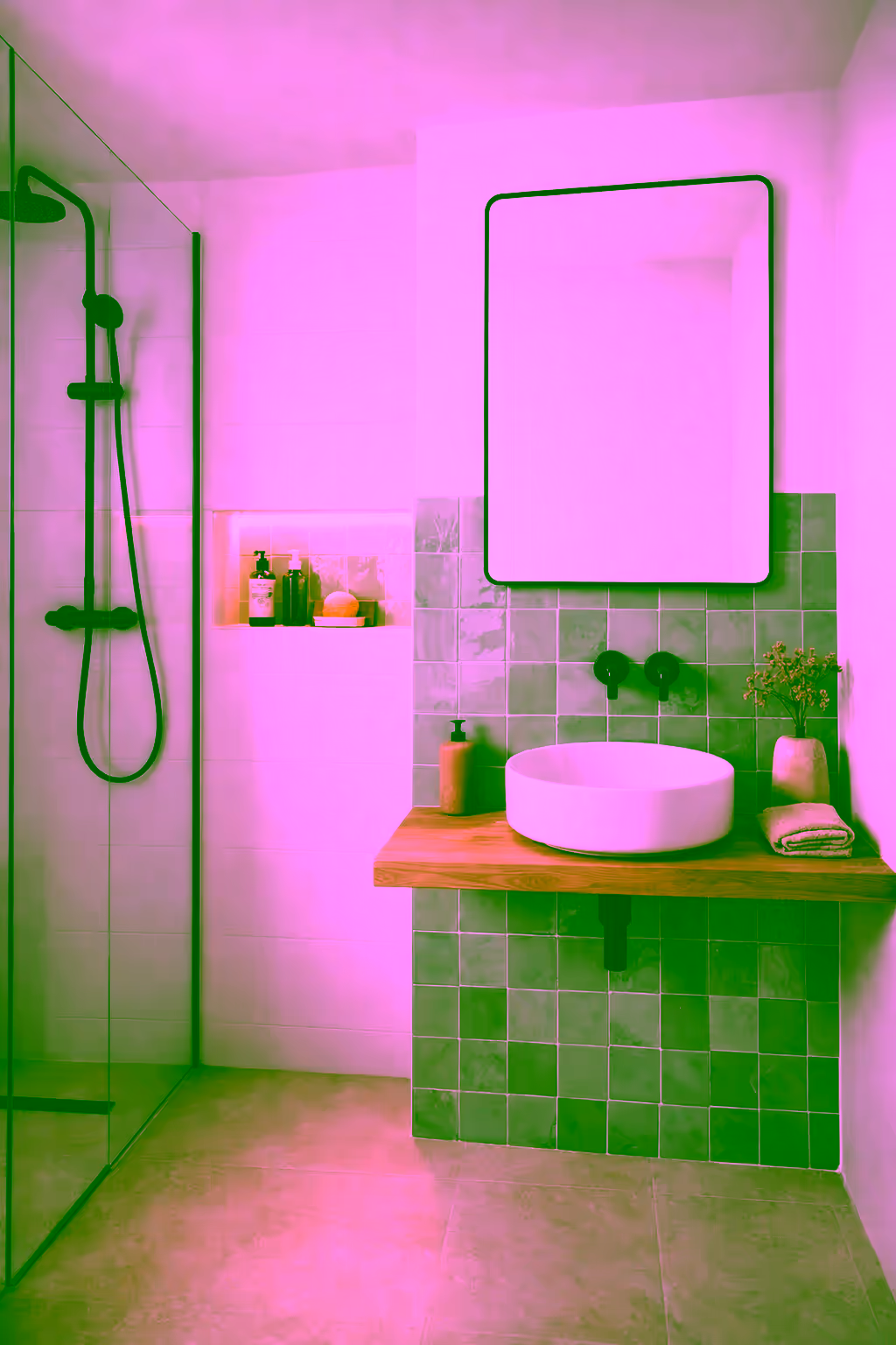 Salle de bain 4m² optimisée avec niche de rangement et vasque ronde