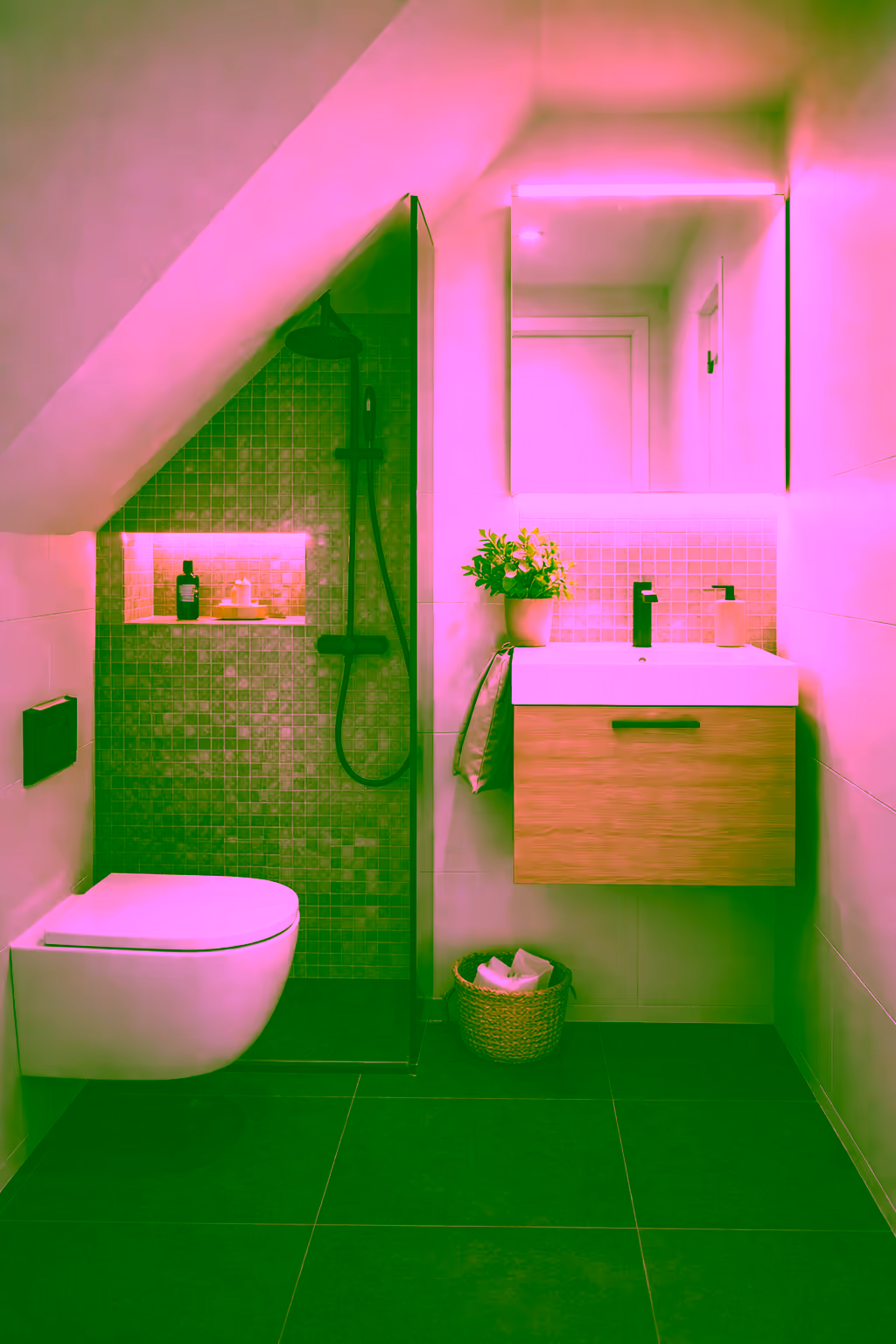 Mini salle de bain avec mosaïque et éclairage LED