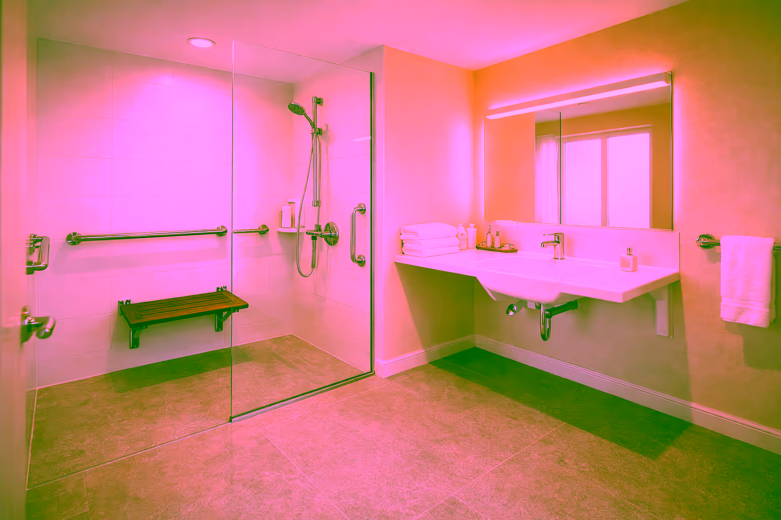 Salle de bain PMR accessible avec douche de plain-pied et barres d'appui à Toulouse