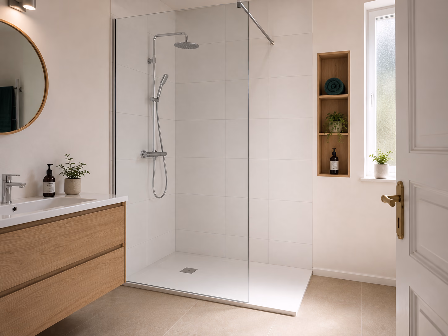Douche avec receveur extra-plat blanc et paroi vitrée fixe à Toulouse