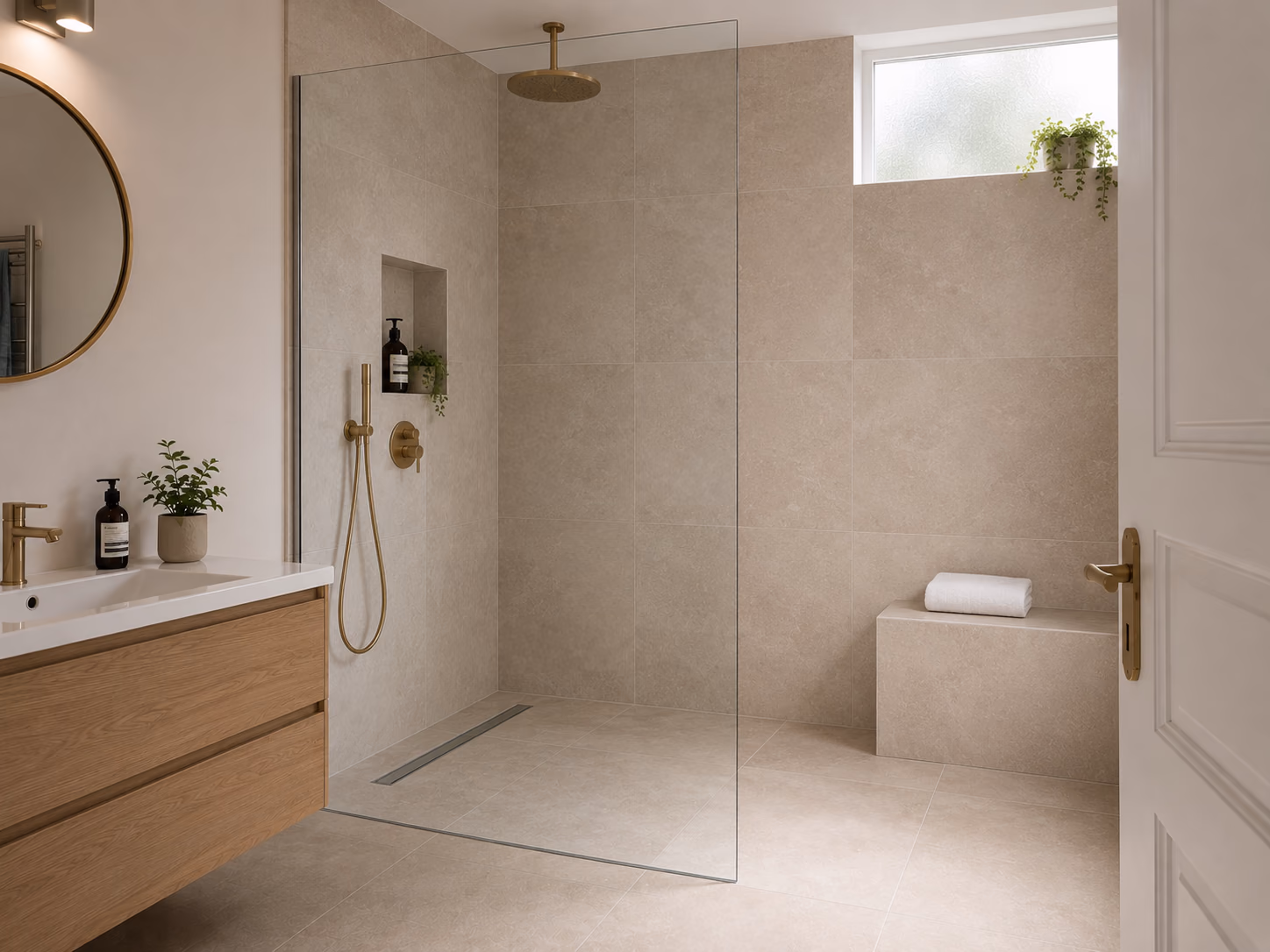 Douche à l'italienne plain-pied avec siphon de sol et carrelage grand format