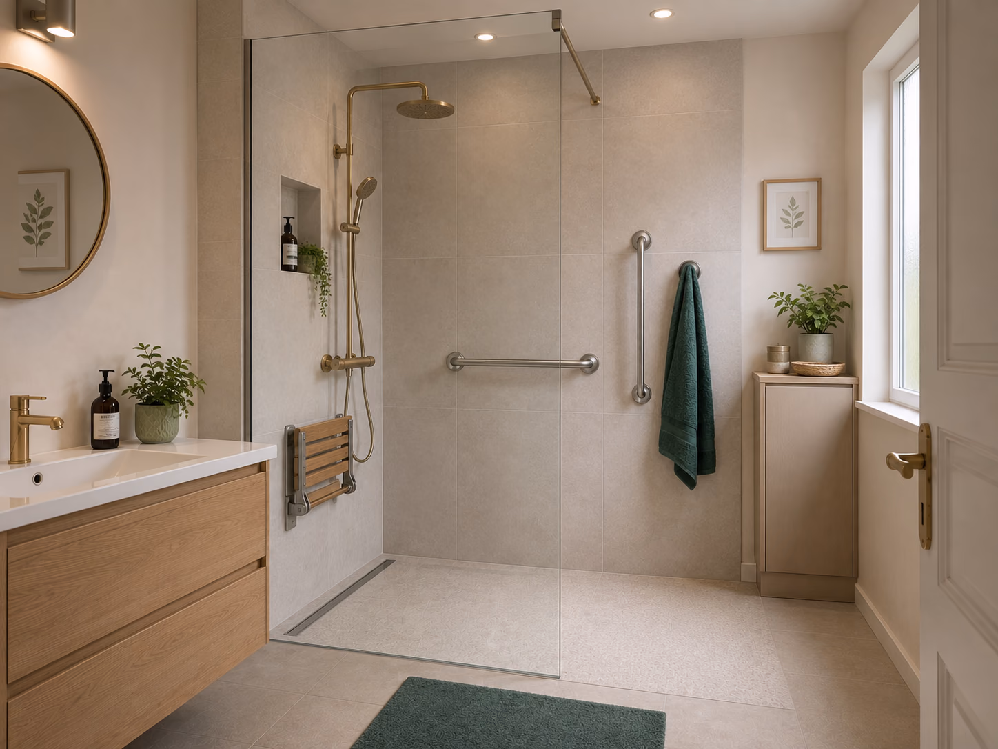 Douche PMR plain-pied avec barres d'appui inox et siège escamotable à Toulouse